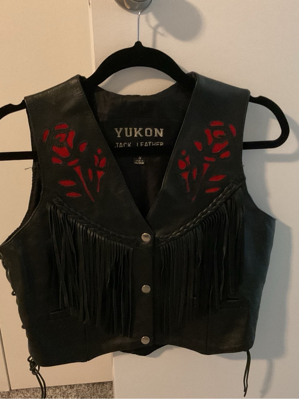 Yukon Black Leather Fringe Vest with Red Floral Accents